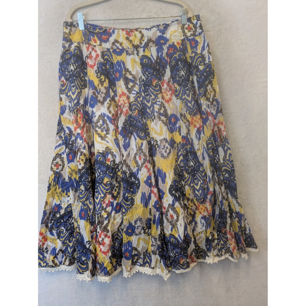 Multiples Skirt Women's 14 Blue Yellow Ikat Print Lace Trim A-Line Midi